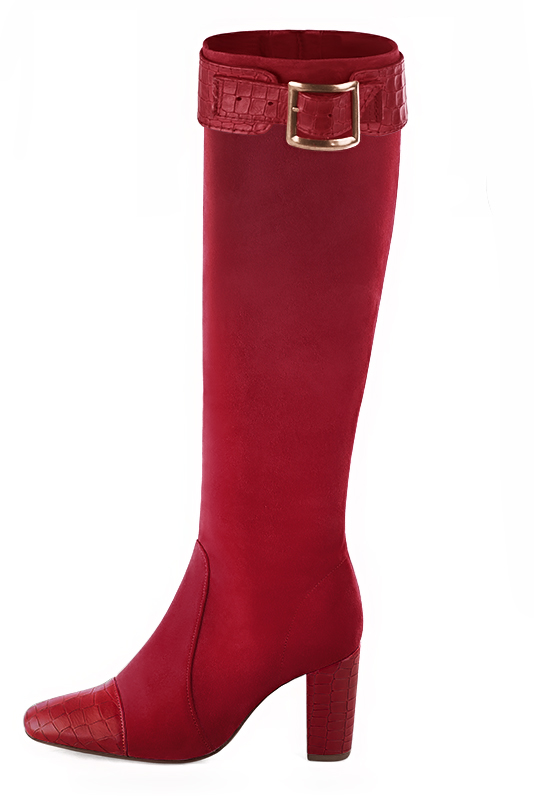 Cardinal red women's feminine knee-high boots. Round toe. High block heels. Made to measure. Worn view - Florence KOOIJMAN